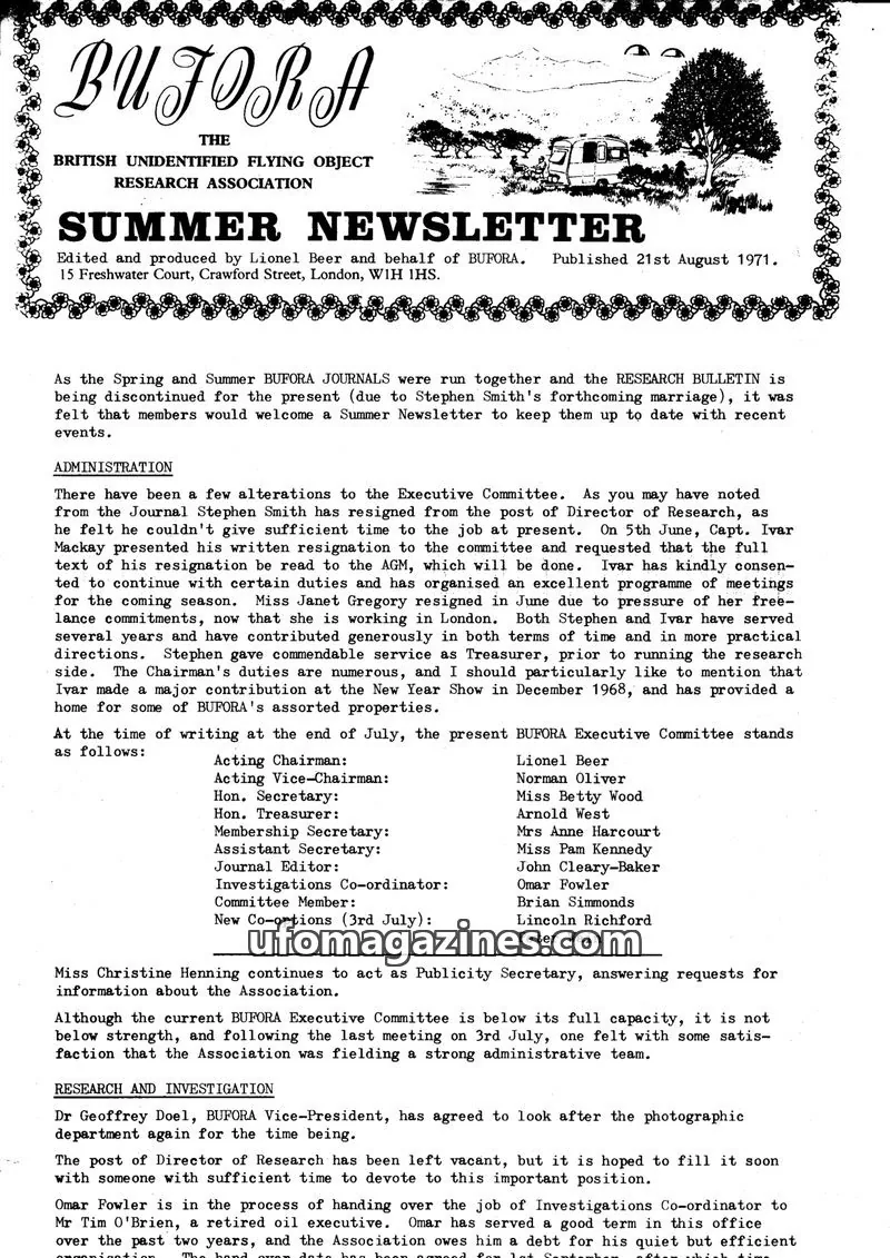 Cover of BUFORA (British Unidentified Flying Object Research Association) issue Summer: BUFORA SUMMER NEWSLETTER