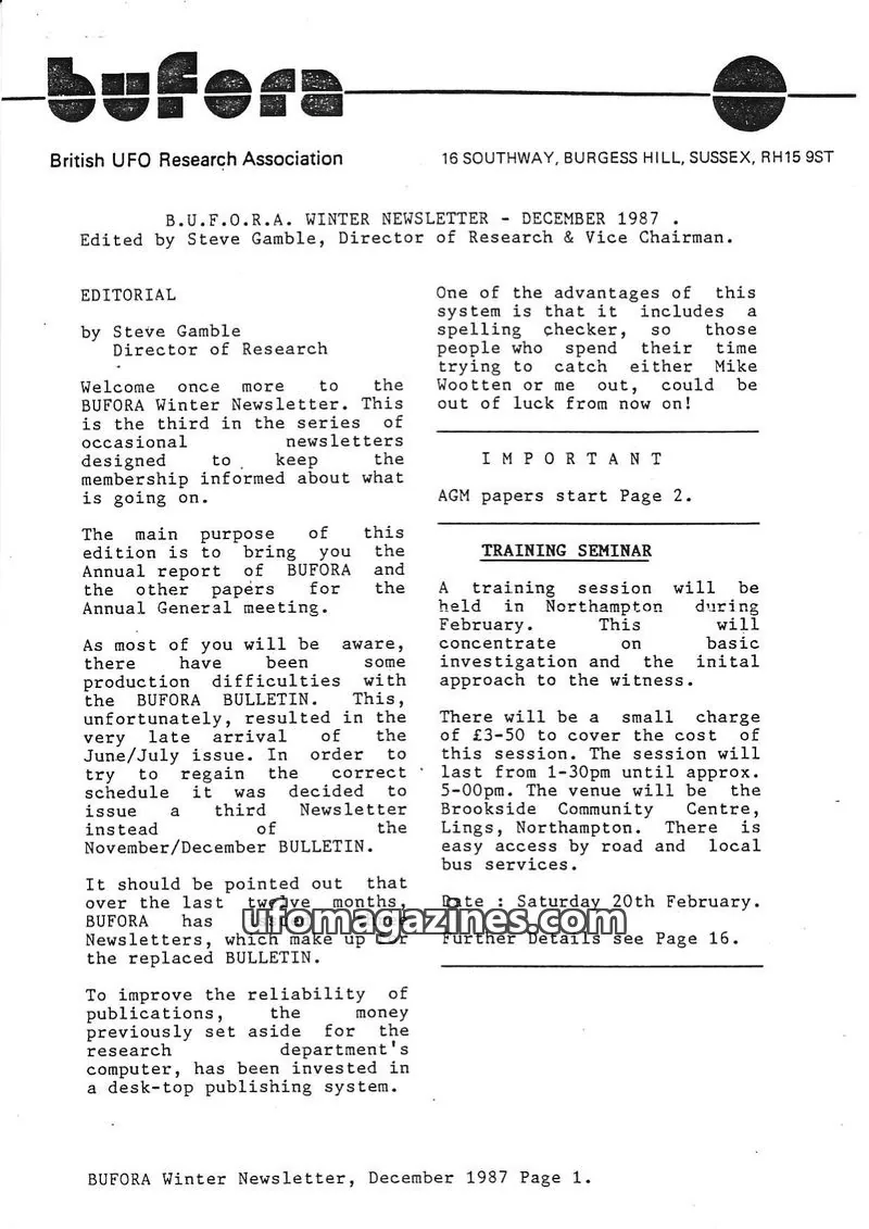 Cover of British UFO Research Association issue December 1987: BUFORA Winter Newsletter