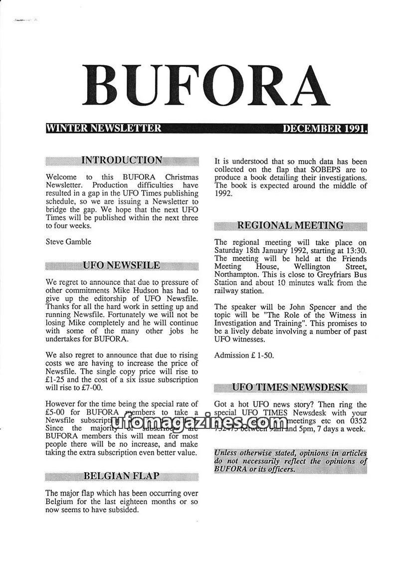Cover of BUFORA issue WINTER NEWSLETTER: BUFORA
