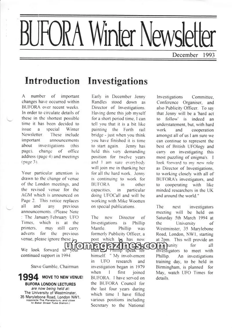 Cover of BUFORA - 1964-2002 Bulletins & Newsletters issue Winter 1993: BUFORA Winter Newsletter