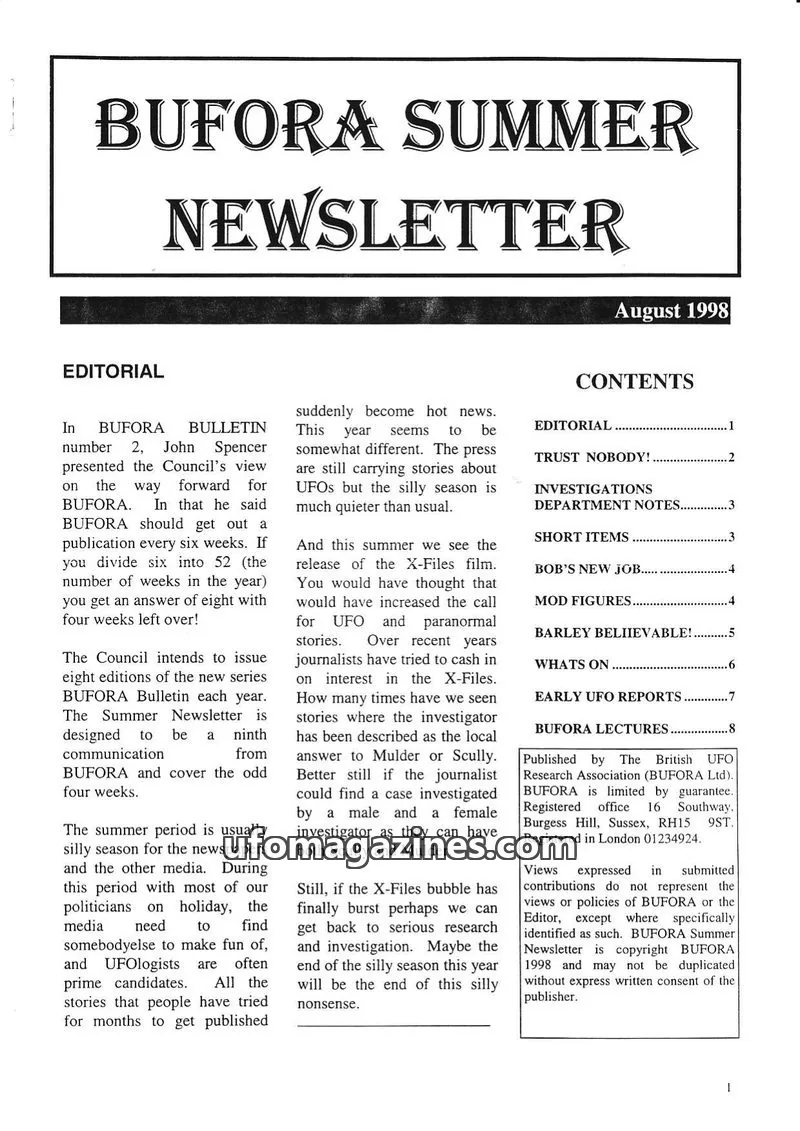 Cover of The British UFO Research Association (BUFORA Ltd) issue 9th communication: BUFORA SUMMER NEWSLETTER