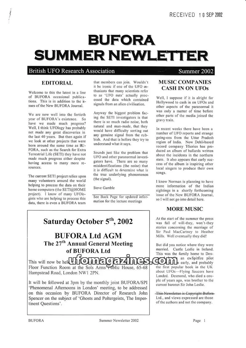 Cover of BUFORA - 1964-2002 Bulletins & Newsletters issue Summer 2002: BUFORA SUMMER NEWLETTER