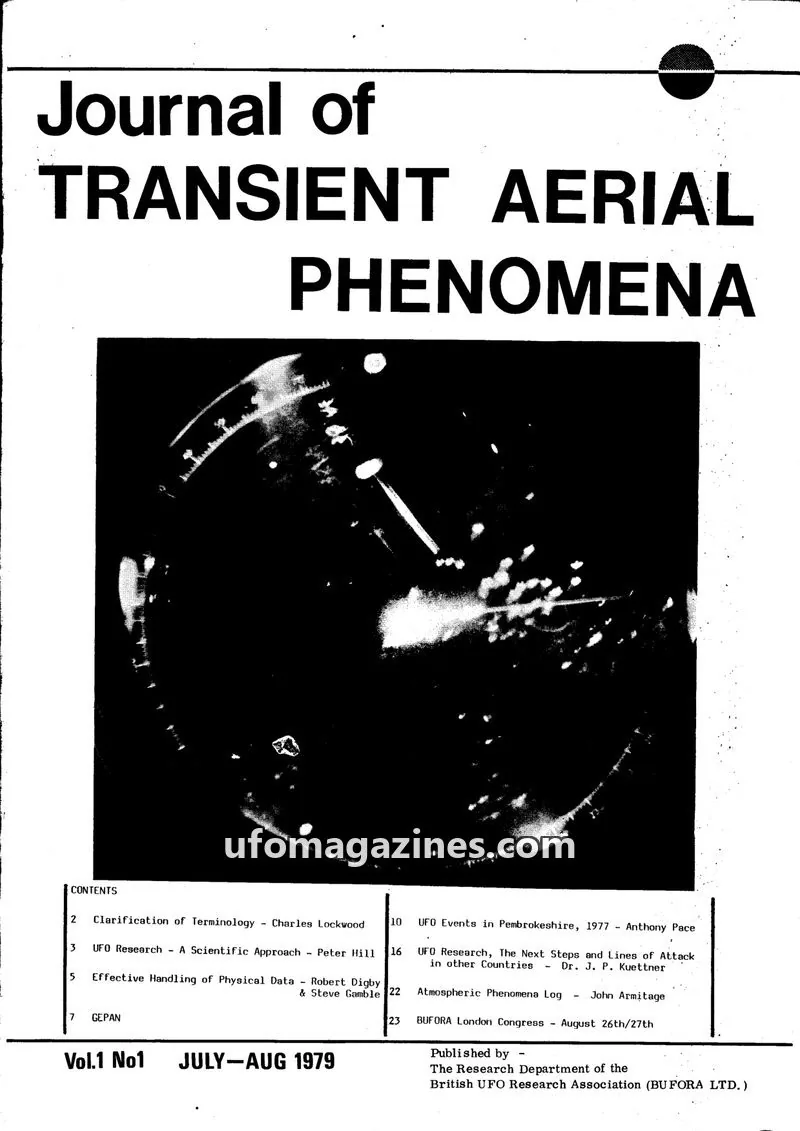 Cover of The Research Department of the British UFO Research Association (BUFORA LTD.) issue Vol.1 No1: Journal of TRANSIENT AERIAL PHENOMENA