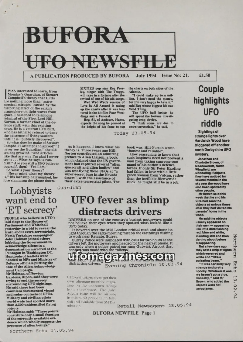 Cover of BUFORA issue 21: BUFORA UFO NEWSFILE