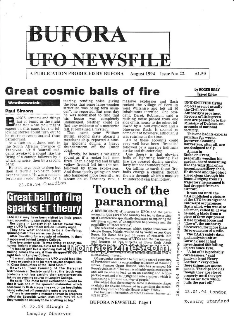 Cover of BUFORA issue 22: BUFORA UFO NEWSFILE
