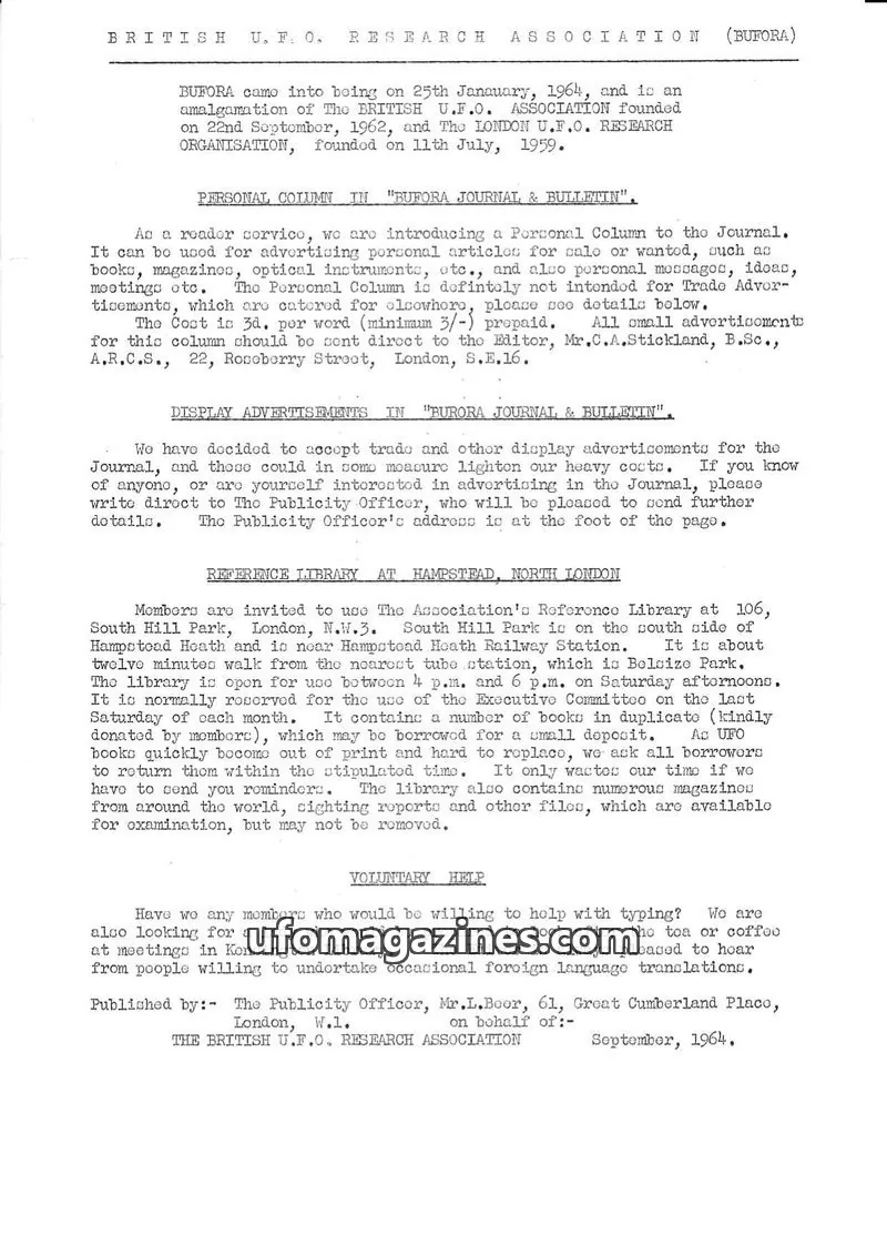 Cover of The British U.F.O. Research Association issue September, 1964: BRITISH U.F.O. RESEARCH ASSOCIATION (BUFORA)