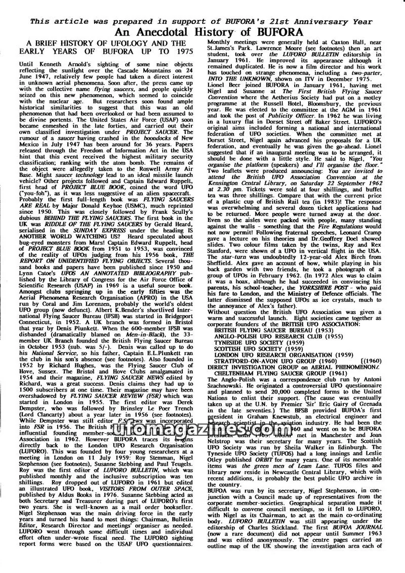 Cover of BUFORA issue 21st Anniversary Year: BUFORA's 21st Anniversary Year