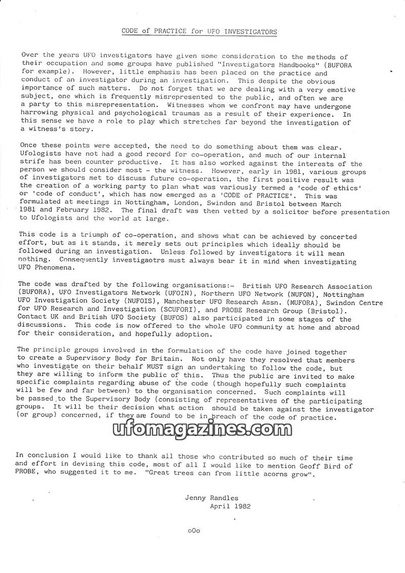 Cover of BUFORA - RESEARCH BOOKS & STUDIES issue April 1982: CODE OF PRACTICE for UFO INVESTIGATORS