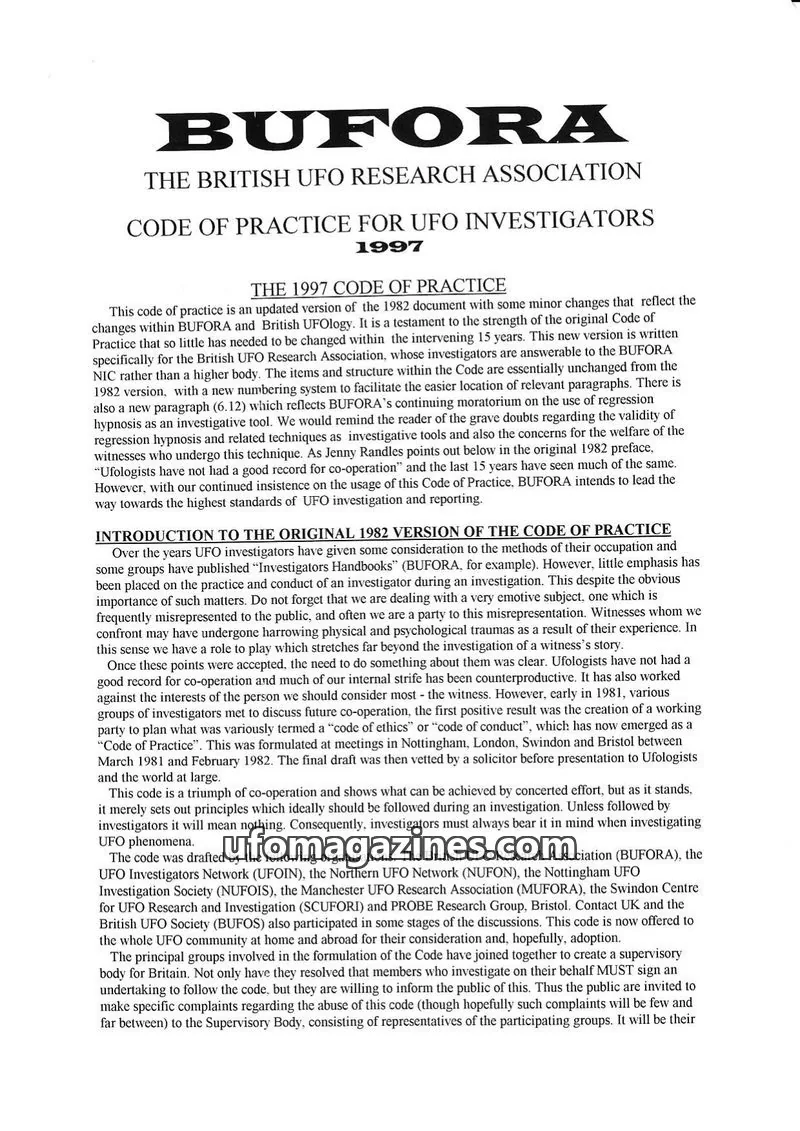 Cover of BUFORA issue 1997: BUFORA THE BRITISH UFO RESEARCH ASSOCIATION CODE OF PRACTICE FOR UFO INVESTIGATORS