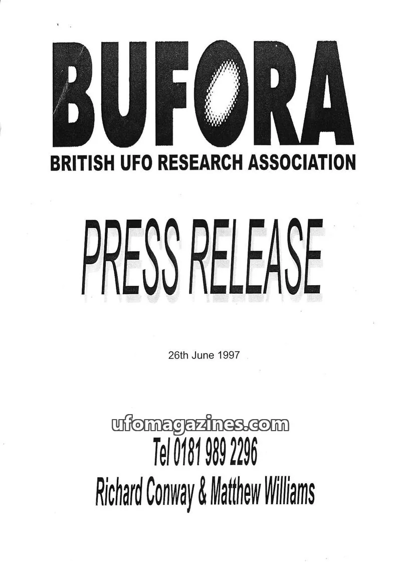 Cover of BUFORA (British UFO Research Association) issue PRESS RELEASE: BUFORA