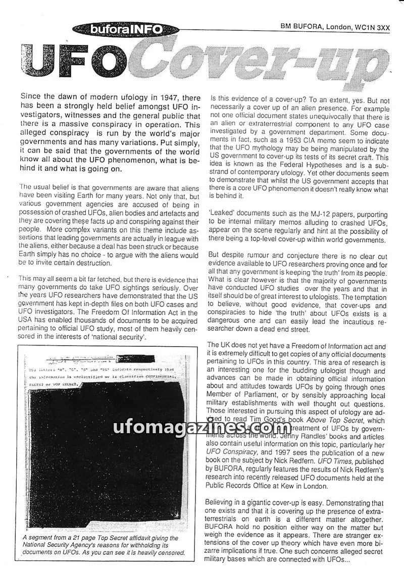Cover of BUFORA issue 3XX: UFO Cover-up