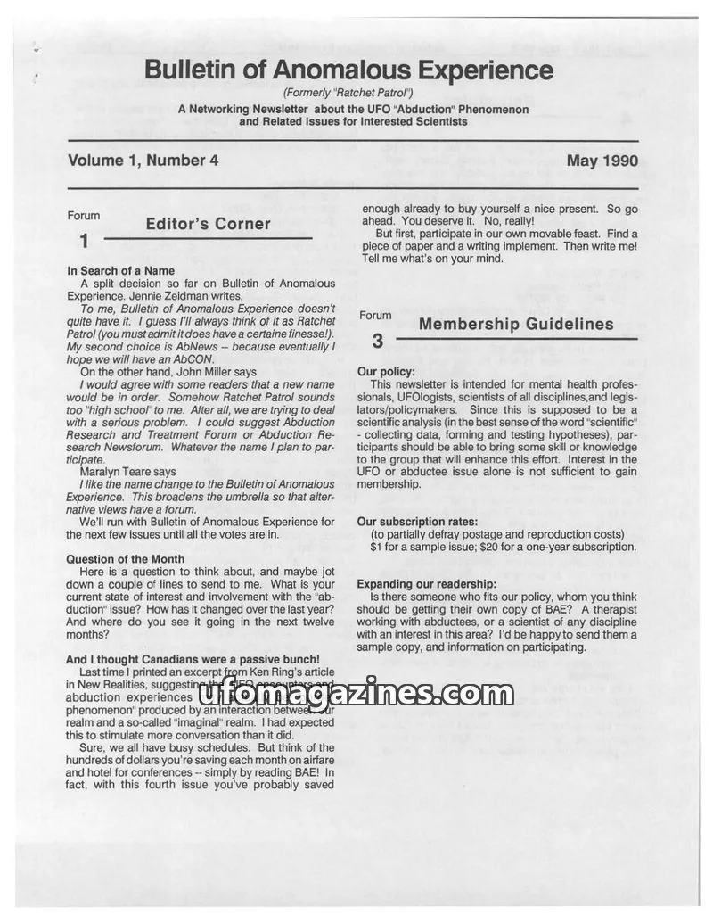 Cover of Bulletin of Anomalous Experience (Gotlib) issue Volume 1, Number 4: Bulletin of Anomalous Experience