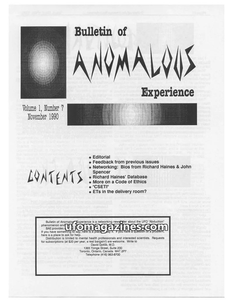Cover of Bulletin of Anomalous Experience (Gotlib) issue Volume 1, Number 7: Bulletin of Anomalous Experience