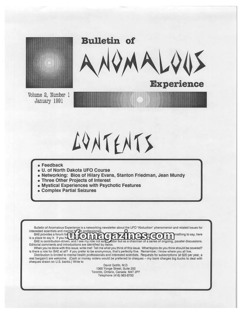 Cover of Bulletin of Anomalous Experience (Gotlib) issue Volume 2, Number 1: Bulletin of Anomalous Experience