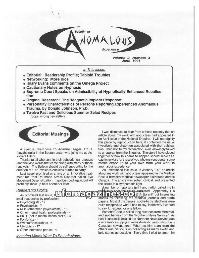 Cover of Bulletin of Anomalous Experience (Gotlib) issue Volume 2, Number 4: Bulletin of Anomalous Experience
