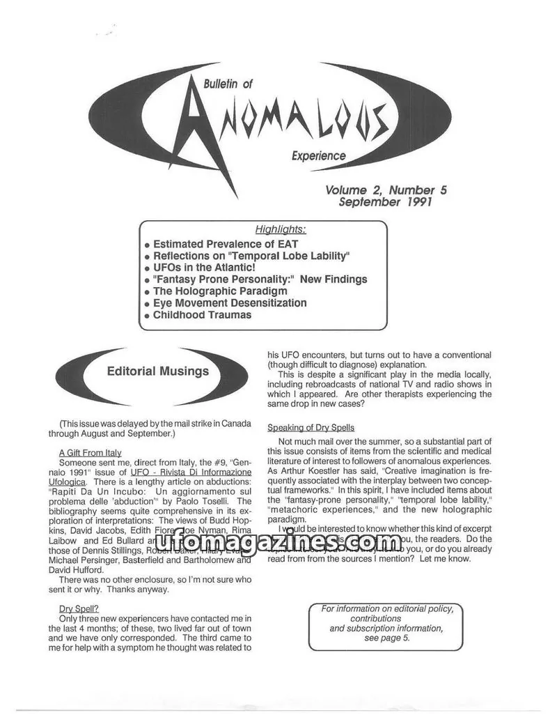 Cover of Bulletin of Anomalous Experience (Gotlib) issue Volume 2, Number 5: Bulletin of Anomalous Experience