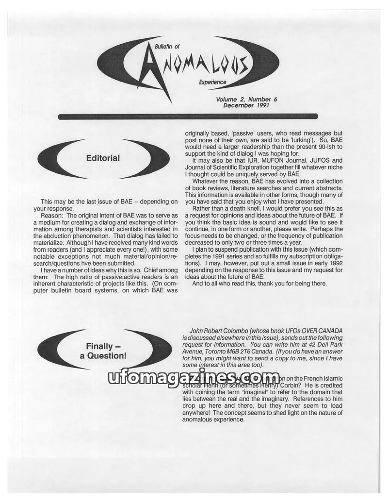 Cover of BAE issue Volume 2, Number 6: Bulletin of Anomalous Experience