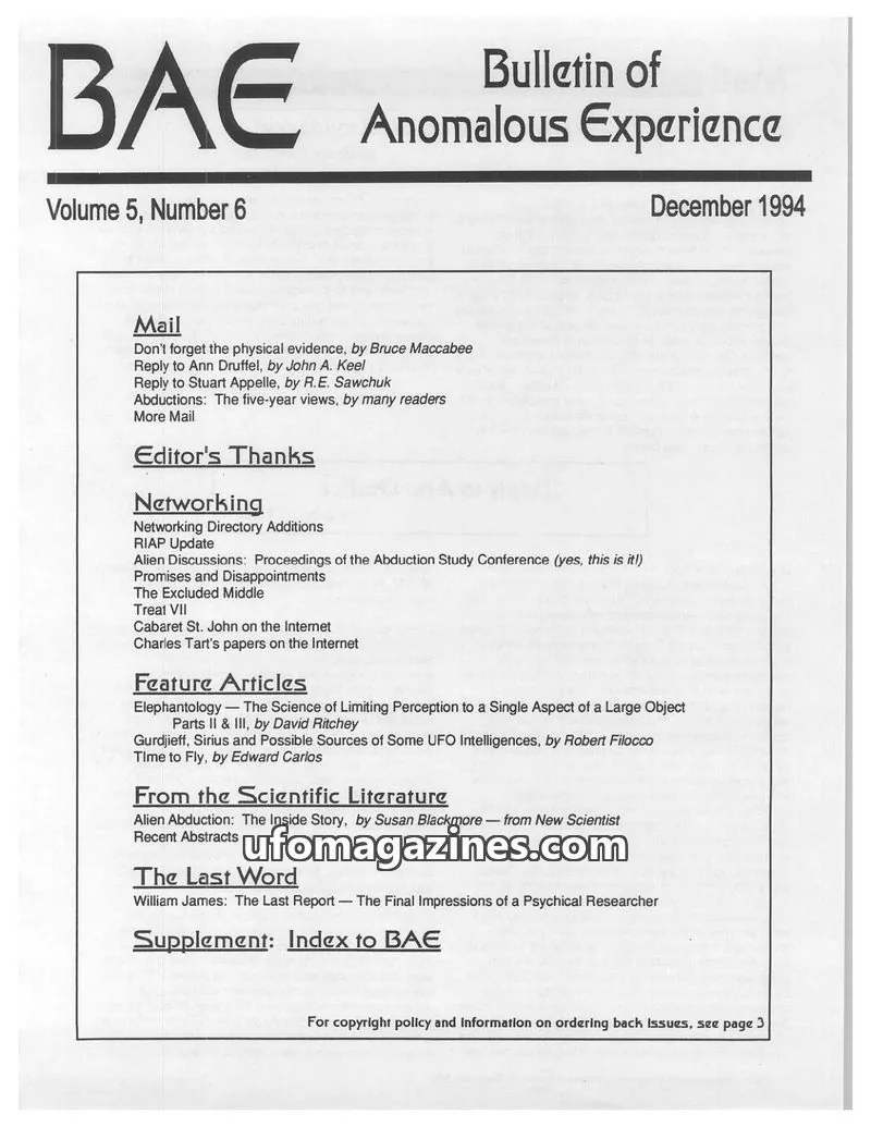 Cover of Bulletin of Anomalous Experience (Gotlib) issue Volume 5, Number 6: Bulletin of Anomalous Experience