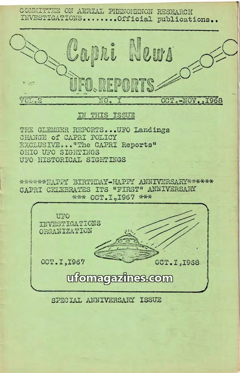Cover of COMMITTEE ON AERIAL PHENOMENON RESEARCH INVESTIGATIONS issue NO. I: Capri News UFO Reports