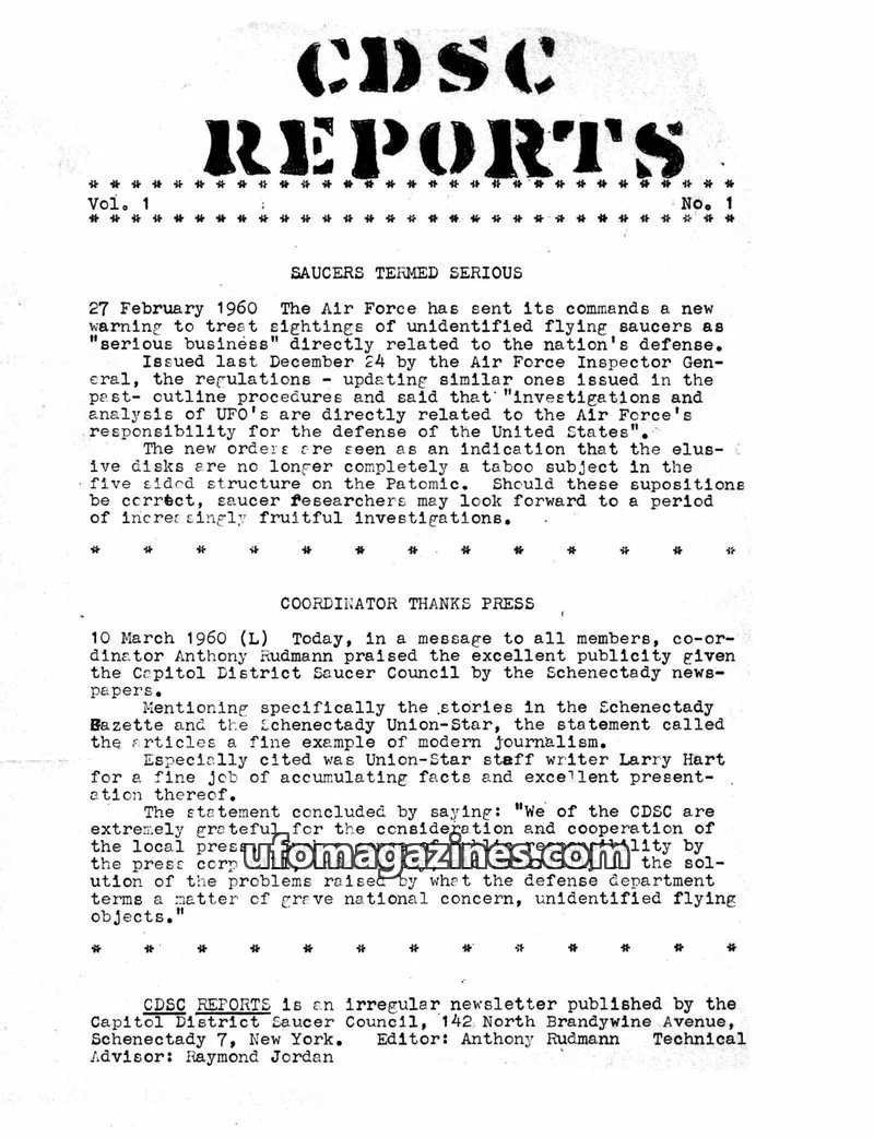 Cover of CDSC Reports (Capitol District Saucer Council) issue 1: CDSC REPORTS