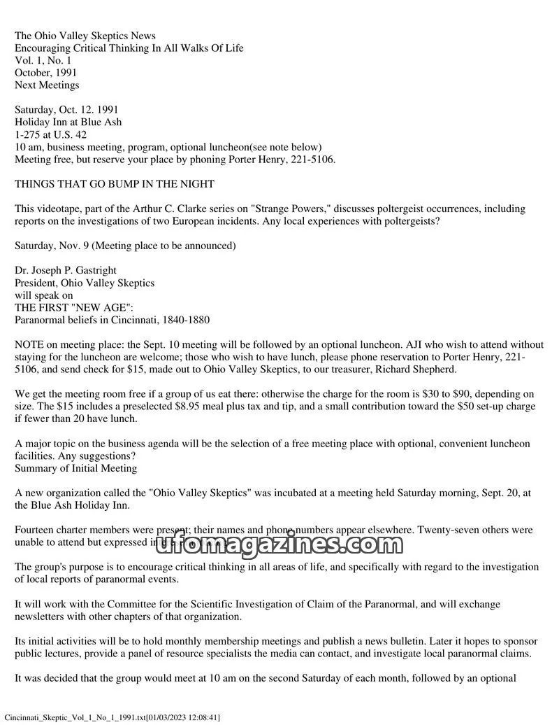 Cover of Cincinnati Skeptic (Association for Rational Thought) issue Vol. 1, No. 1: The Ohio Valley Skeptics News