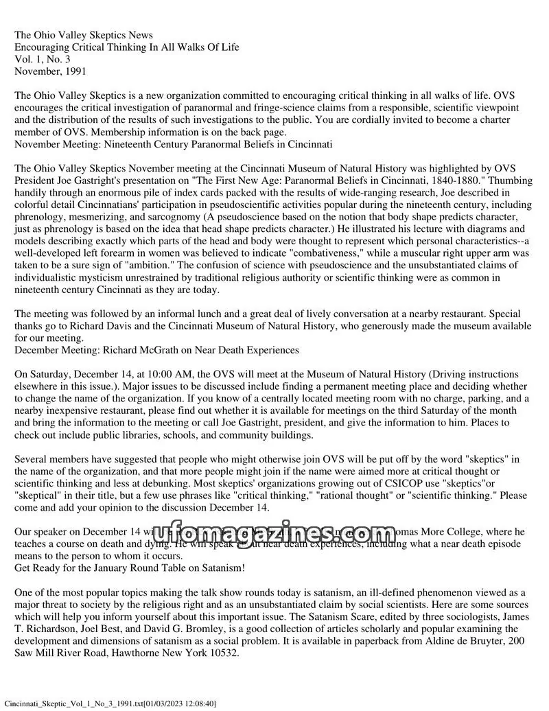 Cover of Cincinnati Skeptic (Association for Rational Thought) issue Vol. 1, No. 3: The Ohio Valley Skeptics News