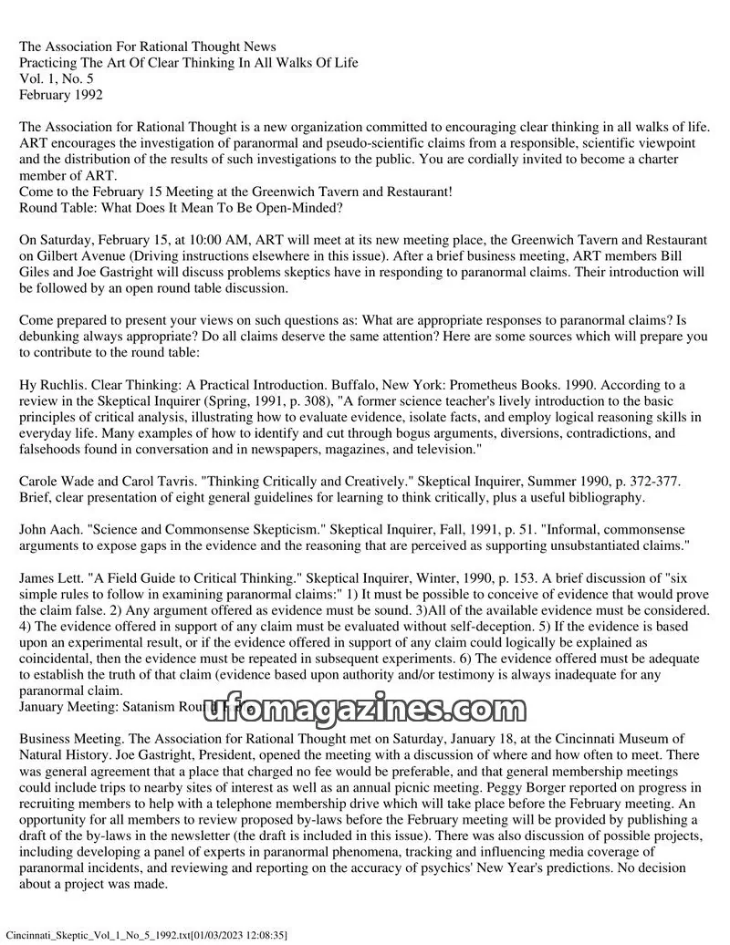 Cover of The Association For Rational Thought issue No. 5: The Association For Rational Thought News