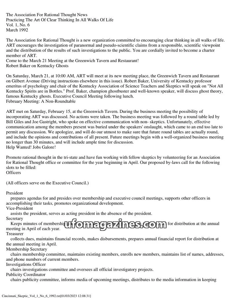 Cover of The Association For Rational Thought issue Vol. 1, No. 6: The Association For Rational Thought News