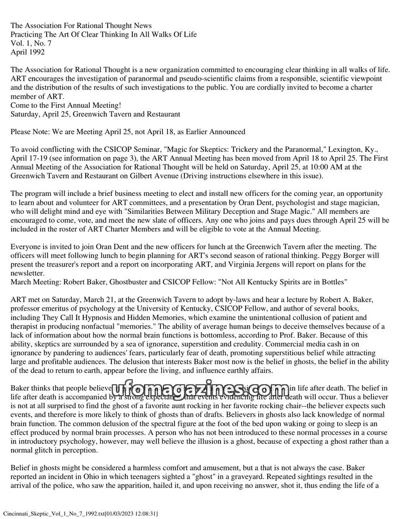 Cover of The Association For Rational Thought issue Vol. 1, No. 7: The Association For Rational Thought News