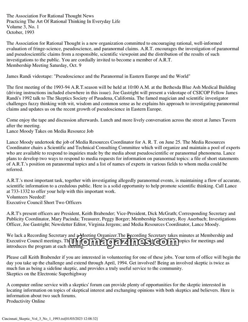Cover of The Association For Rational Thought issue Volume 3, No. 1: The Association For Rational Thought News