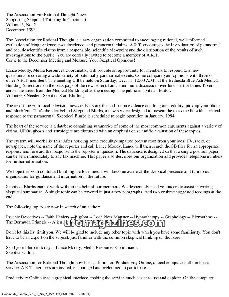 Cover of The Association For Rational Thought issue Vol. 3, No. 2: The Association For Rational Thought News