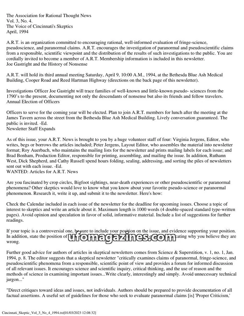Cover of The Association for Rational Thought issue Vol. 3, No. 4: The Association for Rational Thought News