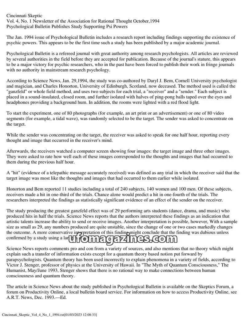 Cover of Association for Rational Thought issue Vol. 4, No. 1: Cincinnati Skeptic