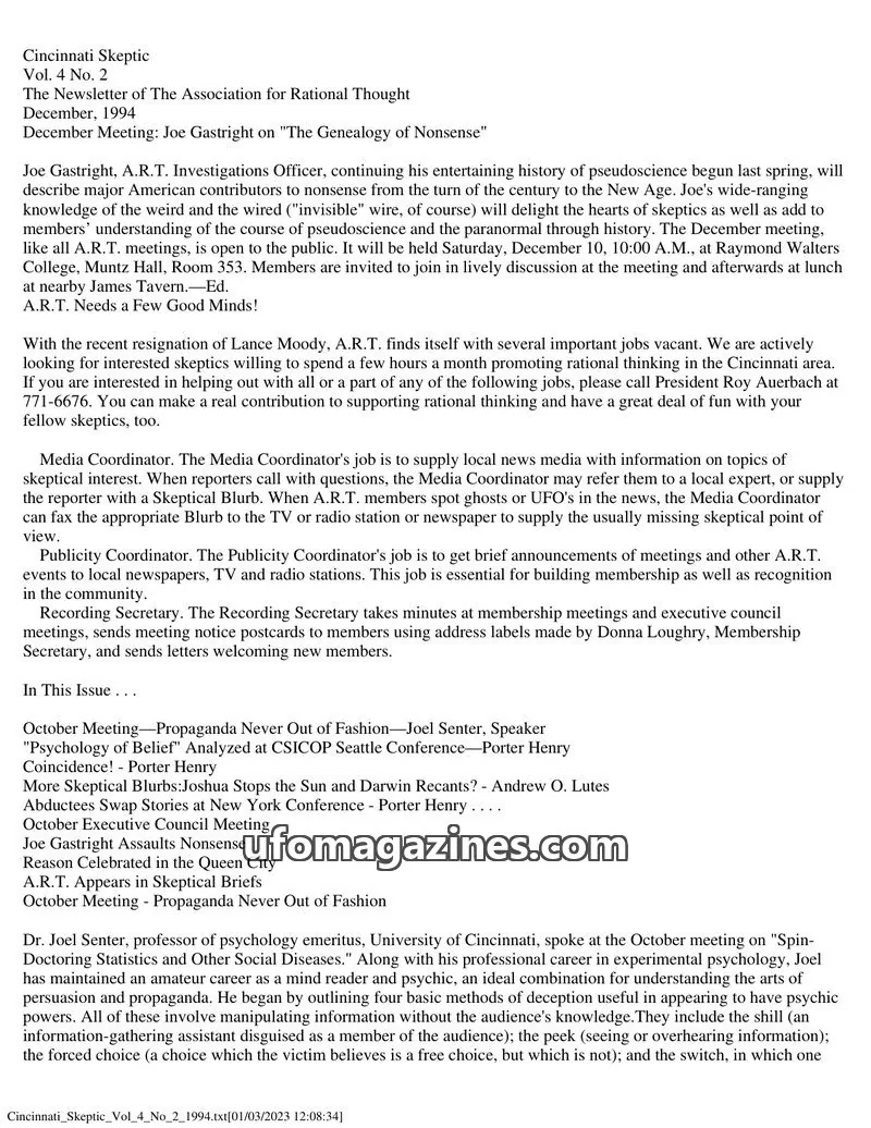 Cover of The Association for Rational Thought issue Vol. 4 No. 2: Cincinnati Skeptic