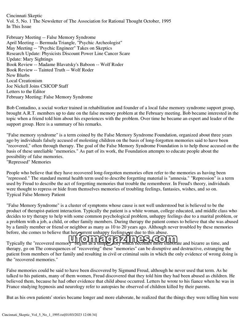 Cover of The Association for Rational Thought issue Vol. 5, No. 1: Cincinnati Skeptic