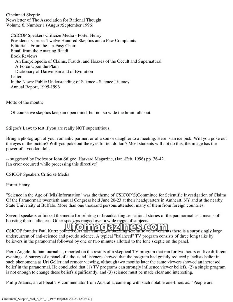 Cover of The Association for Rational Thought issue Volume 6, Number 1: Cincinnati Skeptic