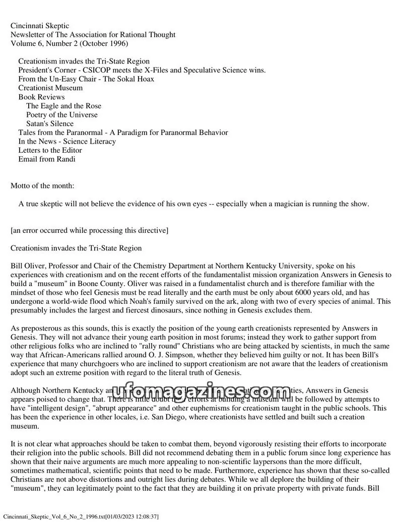 Cover of The Association for Rational Thought issue Number 2: Cincinnati Skeptic