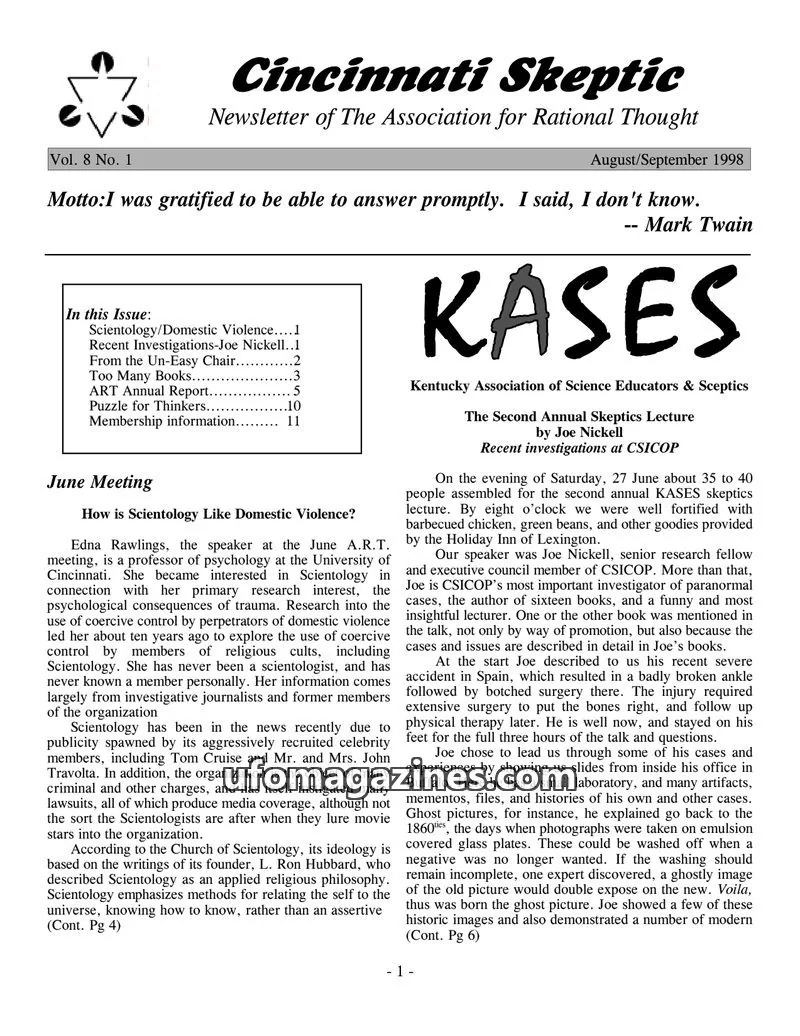 Cover of The Association for Rational Thought issue Vol. 8 No. 1: Cincinnati Skeptic