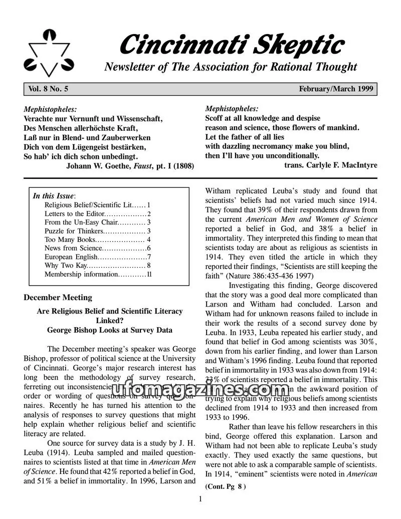 Cover of The Association for Rational Thought issue Vol. 8 No. 5: Cincinnati Skeptic