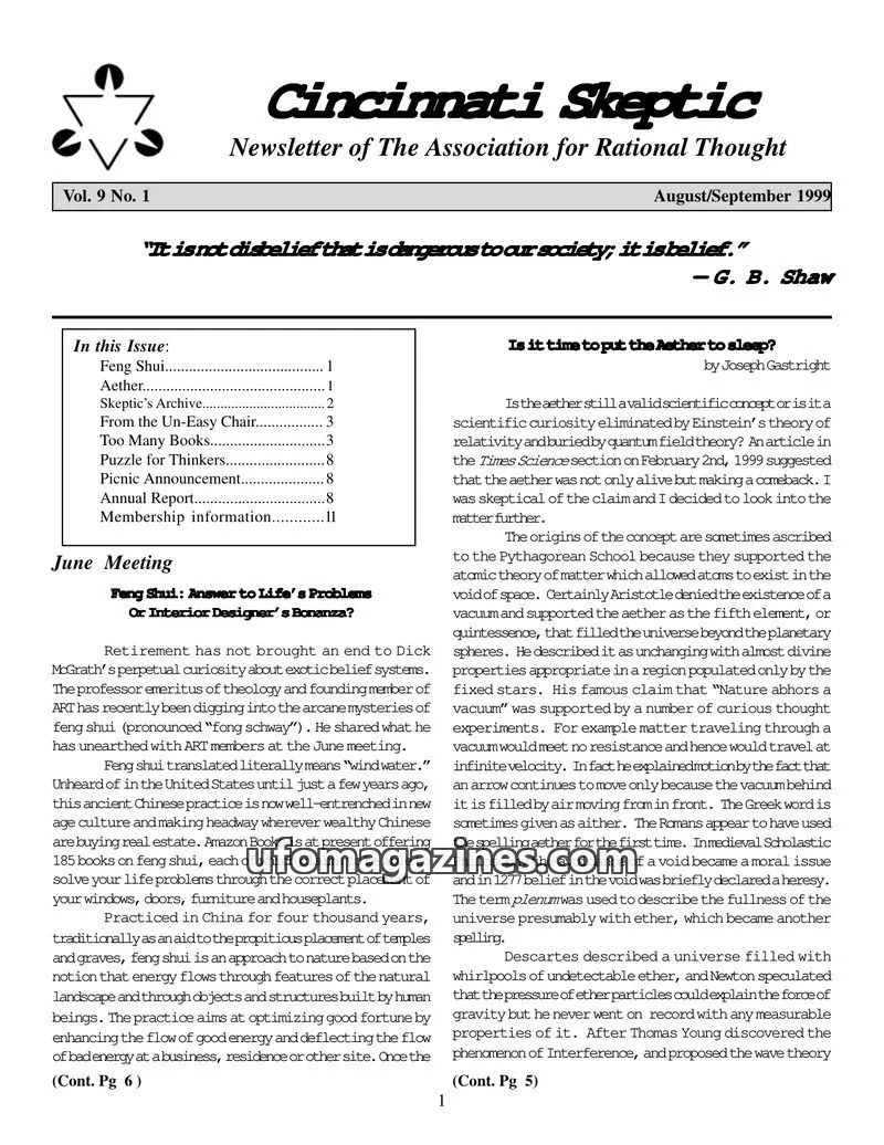 Cover of The Association for Rational Thought issue Vol. 9 No. 1: Cincinnati Skeptic