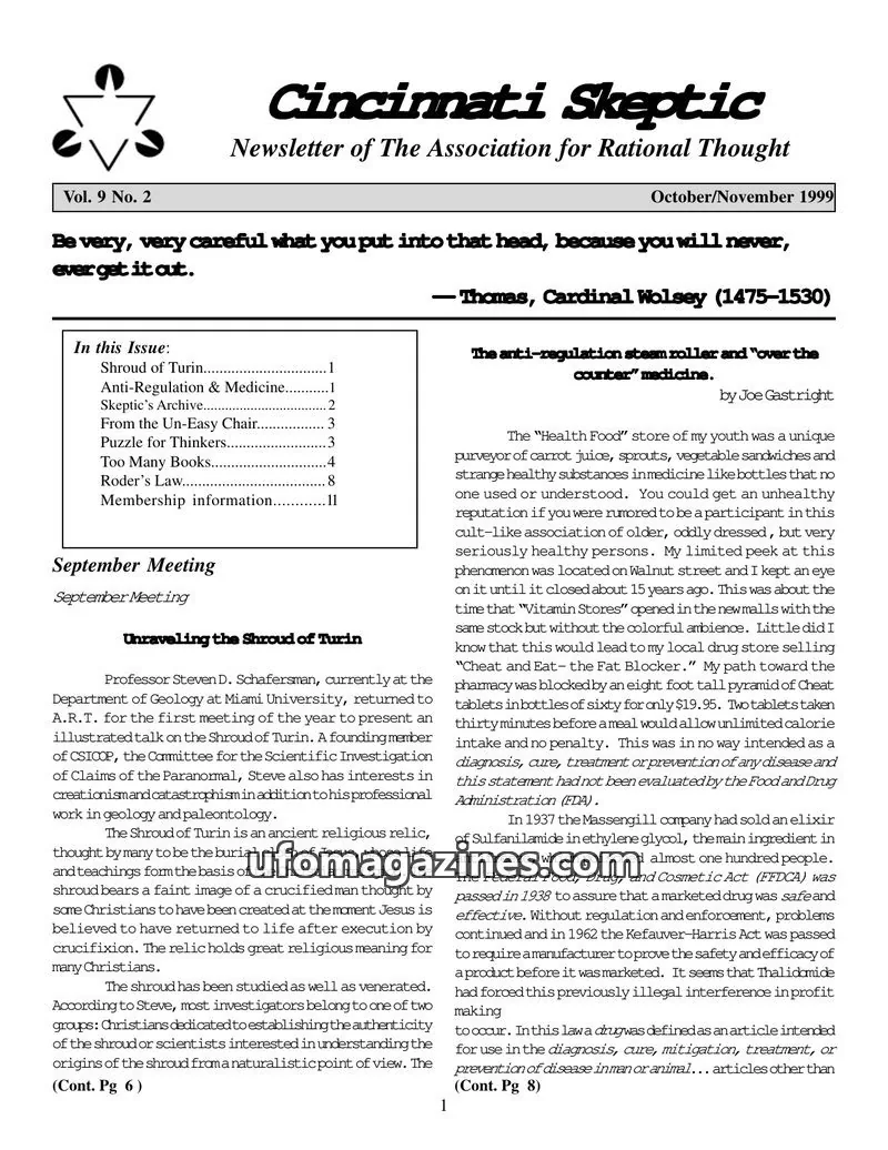 Cover of Association for Rational Thought issue Vol. 9 No. 2: Cincinnati Skeptic