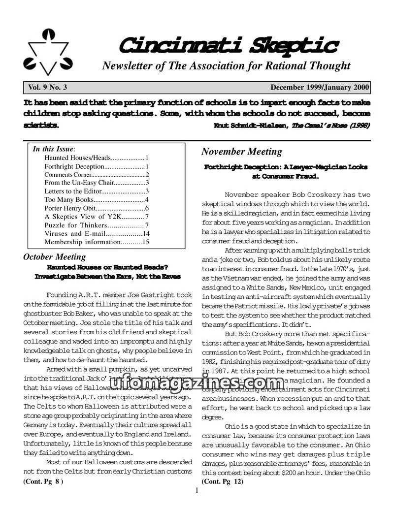 Cover of Association for Rational Thought (ART) issue Vol. 9 No. 3: Cincinnati Skeptic