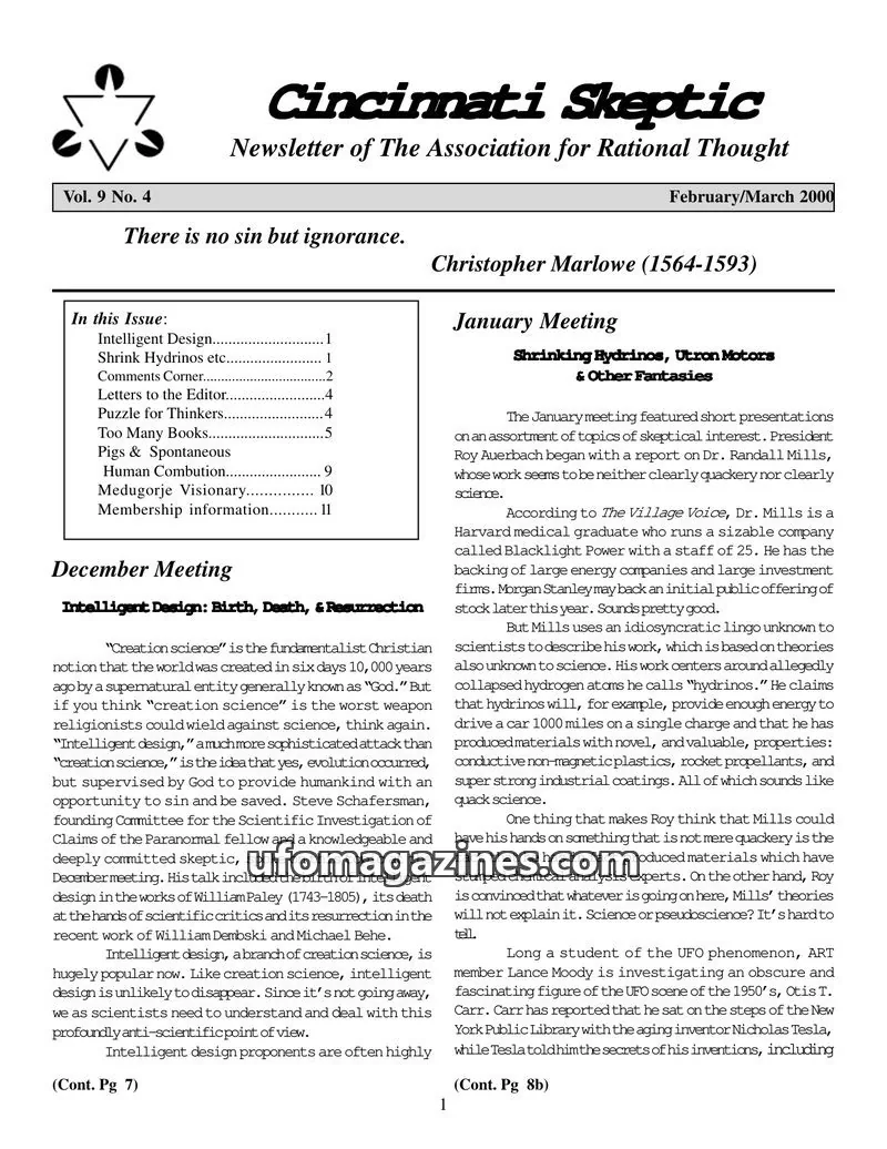 Cover of The Association for Rational Thought issue Vol. 9 No. 4: Cincinnati Skeptic
