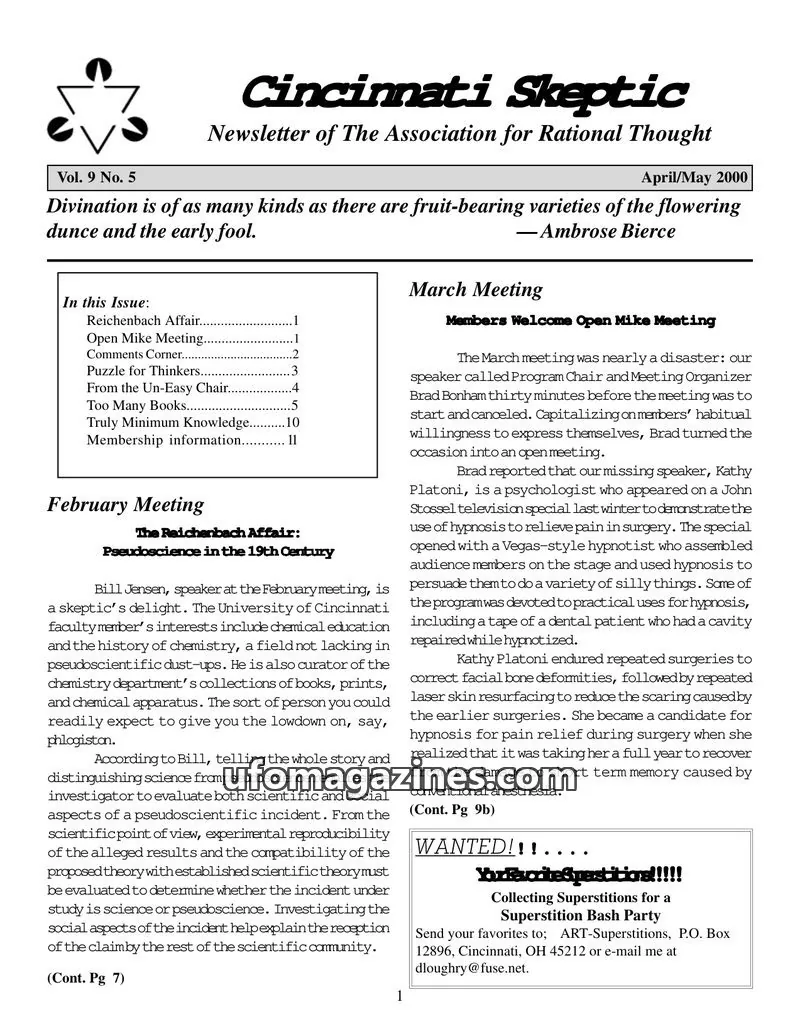 Cover of The Association for Rational Thought issue Vol. 9 No. 5: Cincinnati Skeptic
