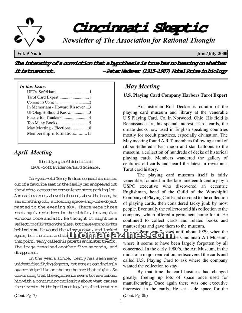 Cover of Association for Rational Thought (ART) of Cincinnati issue Vol. 9 No. 6: Cincinnati Skeptic