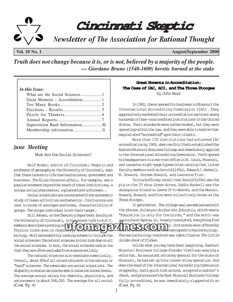 Cover of The Association for Rational Thought issue Vol. 10 No. 1: Cincinnati Skeptic