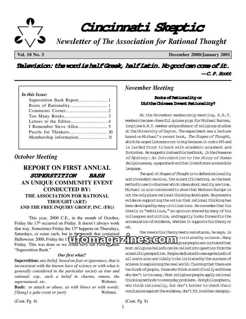 Cover of The Association for Rational Thought issue Vol. 10 No. 3: Cincinnati Skeptic