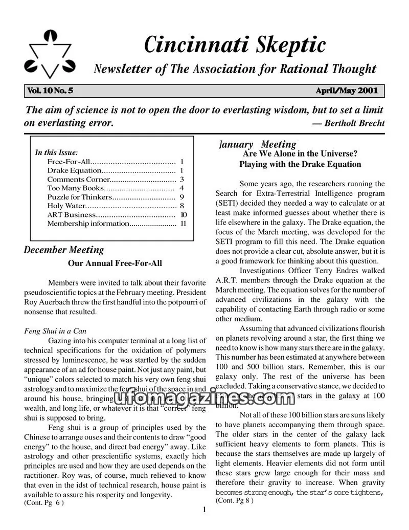 Cover of The Association for Rational Thought issue Vol. 10 No. 5: Cincinnati Skeptic