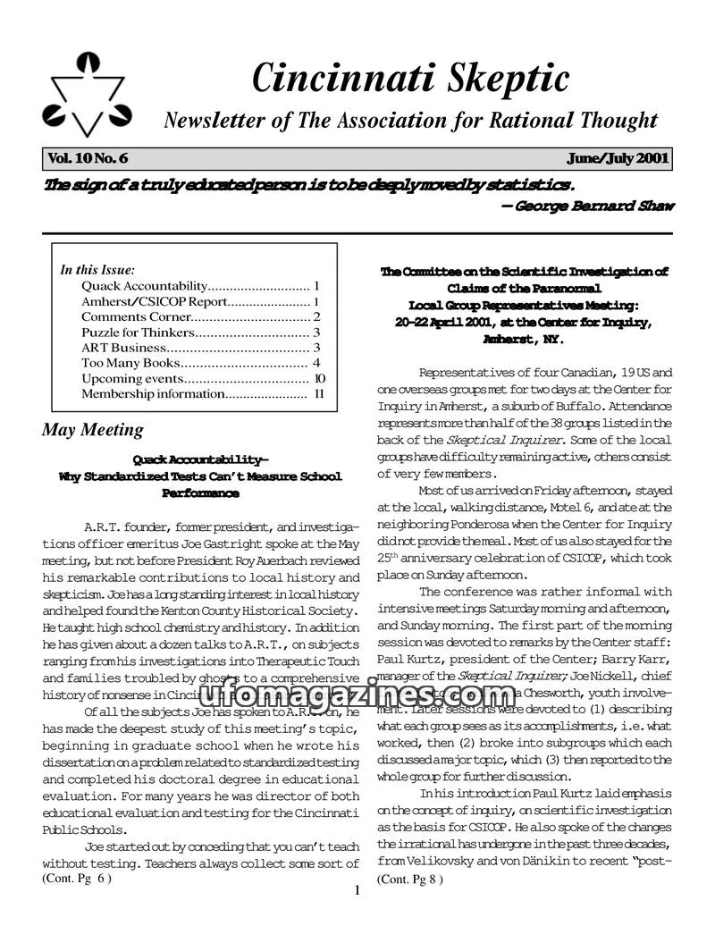 Cover of The Association for Rational Thought issue Vol. 10 No. 6: Cincinnati Skeptic