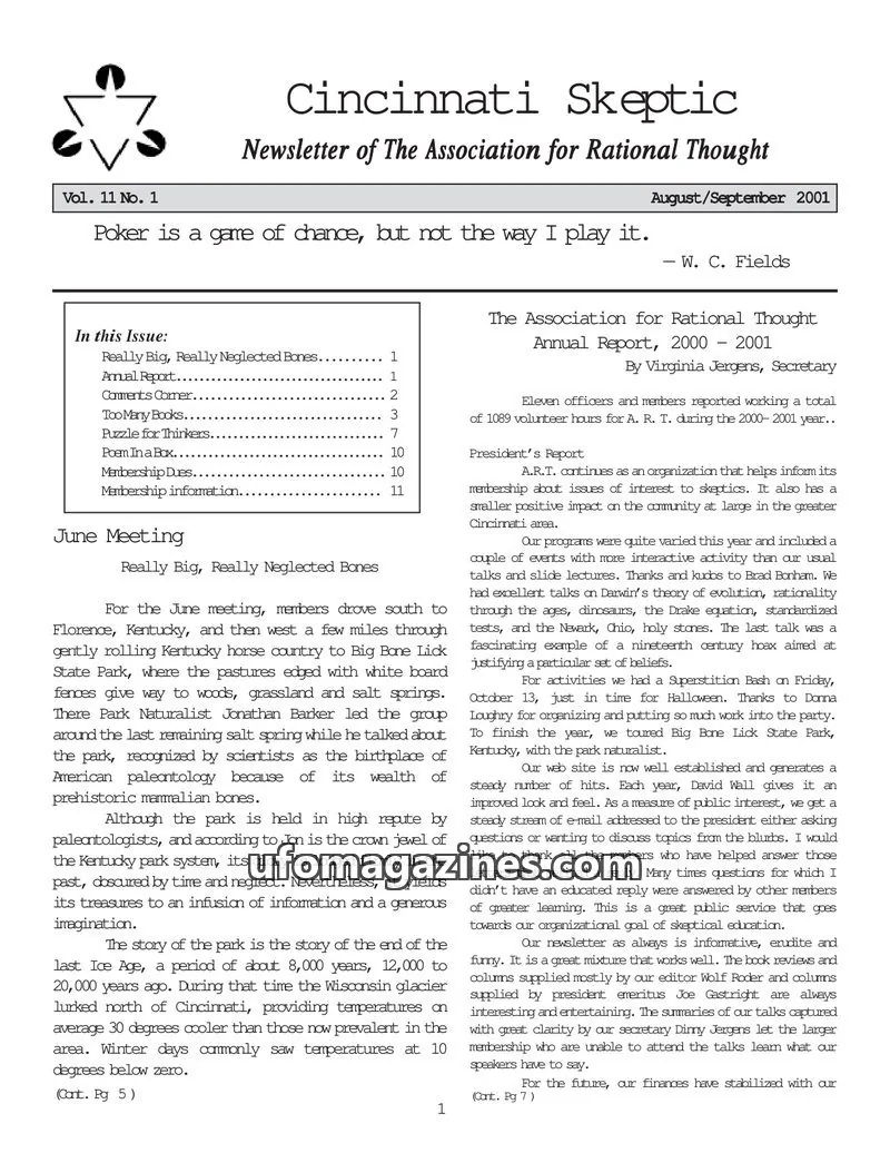 Cover of The Association for Rational Thought issue Vol. 11 No. 1: Cincinnati Skeptic